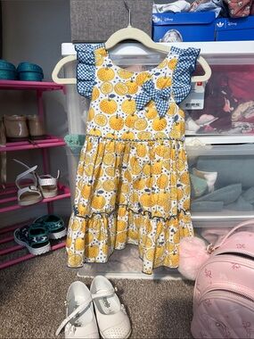 Girls Lemon Print Sundress with Gingham Ruffle